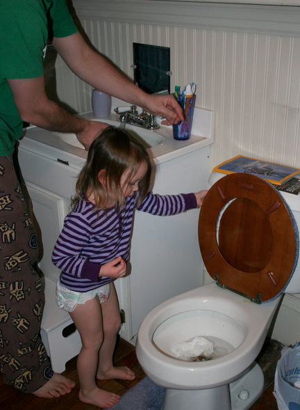 Toddler flushes toilet